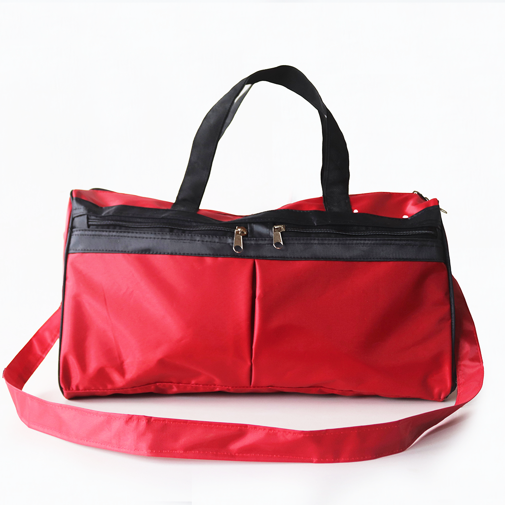 Imara Travel Bag in red and black polyester fabric with carry handles and shoulder strap