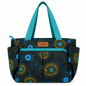 Kitenge MOT Bag with colourful African print, long handles, front zip pocket and side pockets