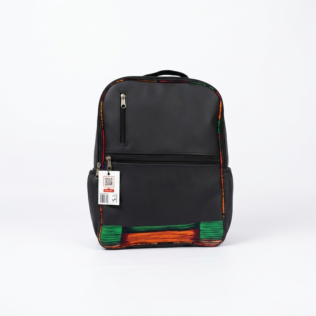 Nyota Backpack made from PU leather and Kitenge fabric with multiple zip pockets